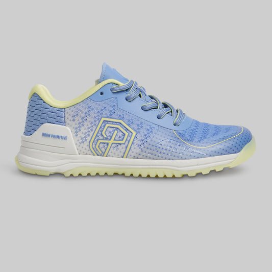 Blue and white sneaker with a brand logo on a gray background