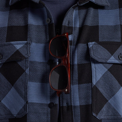A close-up of a blue and black plaid flannel shirt with a pair of dark brown sunglasses tucked into the front pocket area.