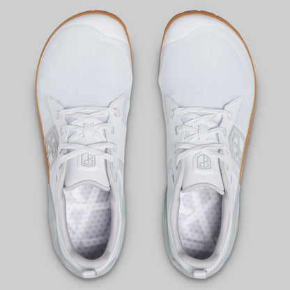 A pair of white low-top athletic sneakers shown from a top-down view on a light gray background.