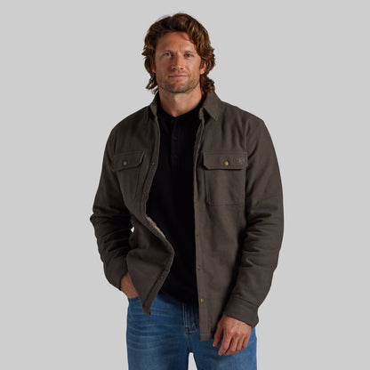 A man wearing a dark brown button-up overshirt jacket over a black shirt and blue jeans, standing against a solid gray background.
