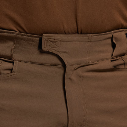 Close-up of brown pants with a focus on the waistband and pocket area.