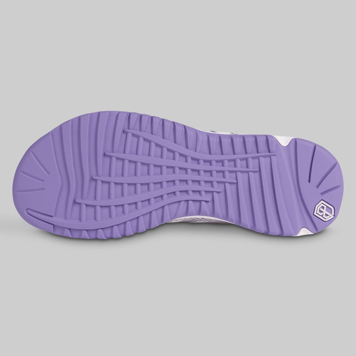 Purple sneaker sole with brand logo on a gray background