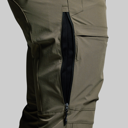 Close-up of olive green pants with a zipper on a gray background