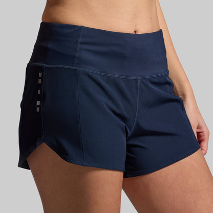 Navy blue athletic shorts on a gray background