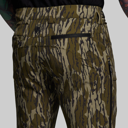 Camouflage pants with a brand logo on a gray background