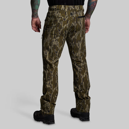 Camouflage pants worn by a person on a gray background