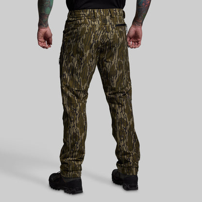 Camouflage pants worn by a person on a gray background