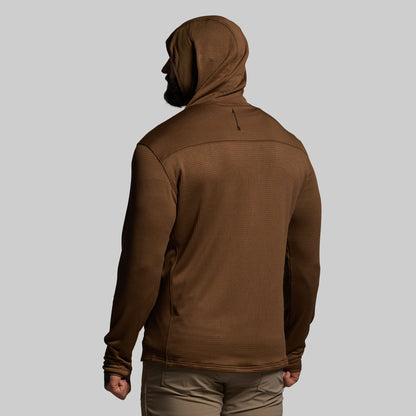 Person wearing a brown hoodie on a gray background
