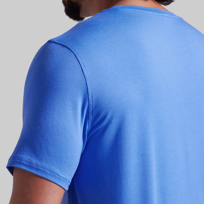 Close-up back view of a person wearing a bright blue short-sleeve crew-neck t-shirt against a light gray background.