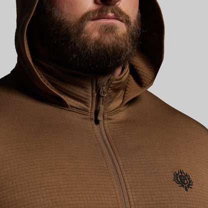 Brown hoodie with a logo on a gray background