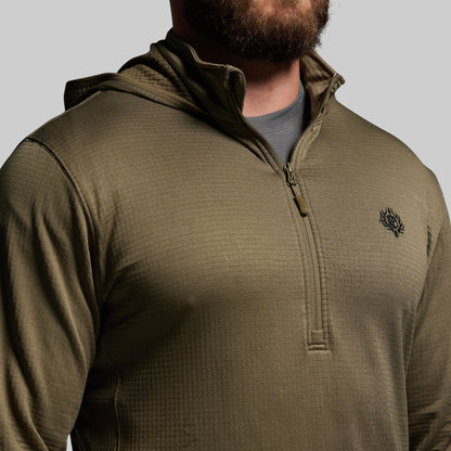Olive green pullover with a brand logo on a gray background