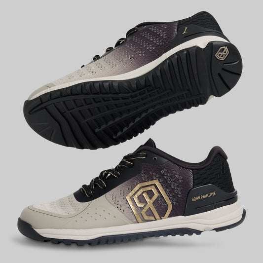Two views of a sneaker with a brand logo on a gray background
