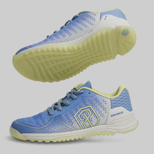 Blue and light green athletic shoes on a gray background