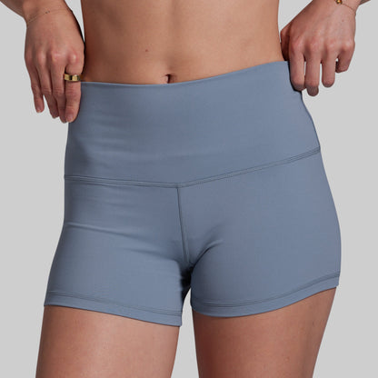 Blue athletic shorts worn by a person on a plain background