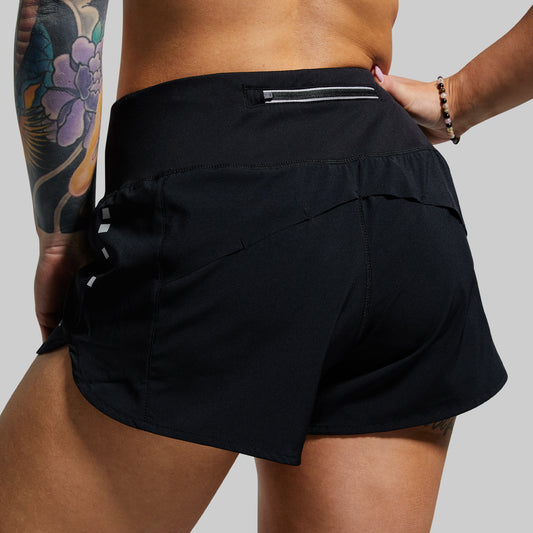 Person wearing black athletic shorts on a plain background