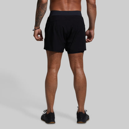 Person wearing black athletic shorts on a gray background