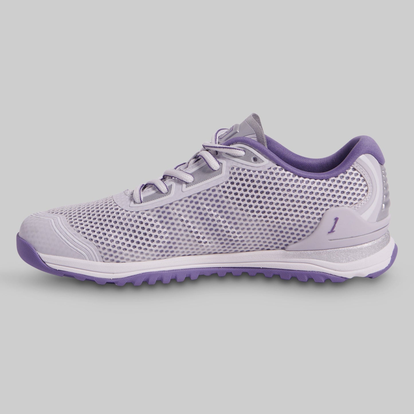 Purple and gray athletic shoe on a light gray background