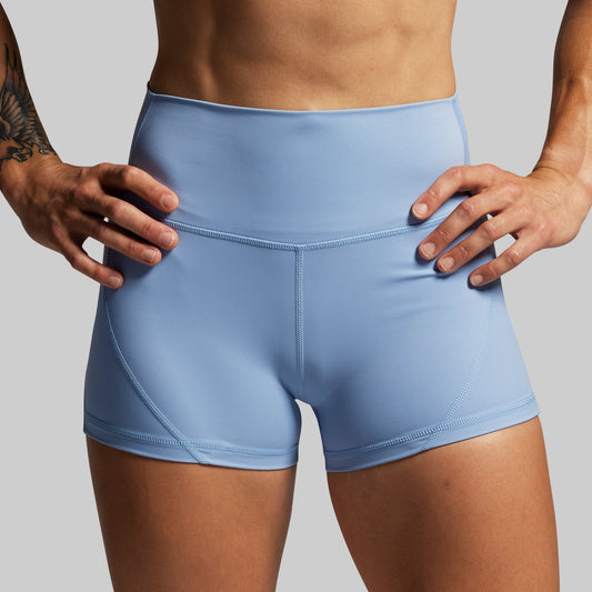 Person wearing light blue athletic shorts on a plain background