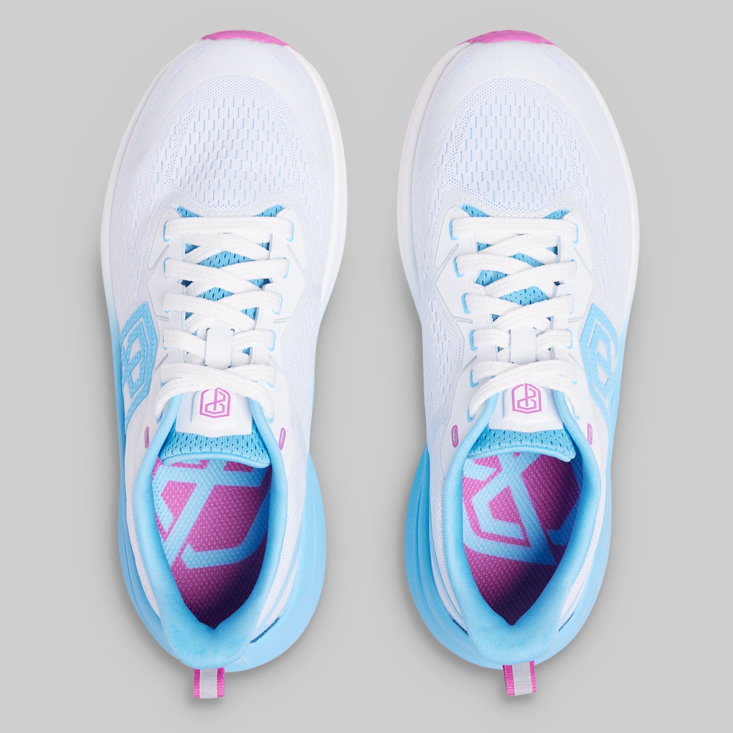 White running shoes with blue and pink accents on a gray background